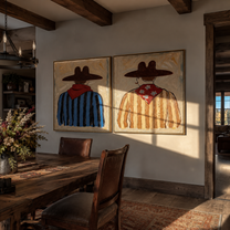 Red Scarves Face Away - back view cowboy portrait by Elliot Vale, modern figurative set of 2 wall art - styled room scene view 3