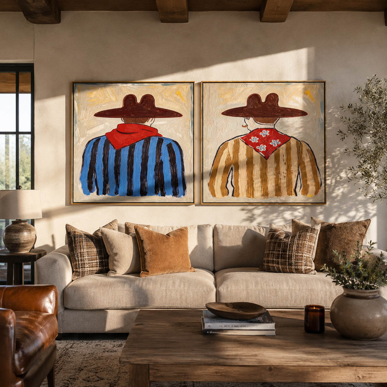 Red Scarves Face Away - back view cowboy portrait by Elliot Vale, modern figurative set of 2 wall art - styled room scene view 4