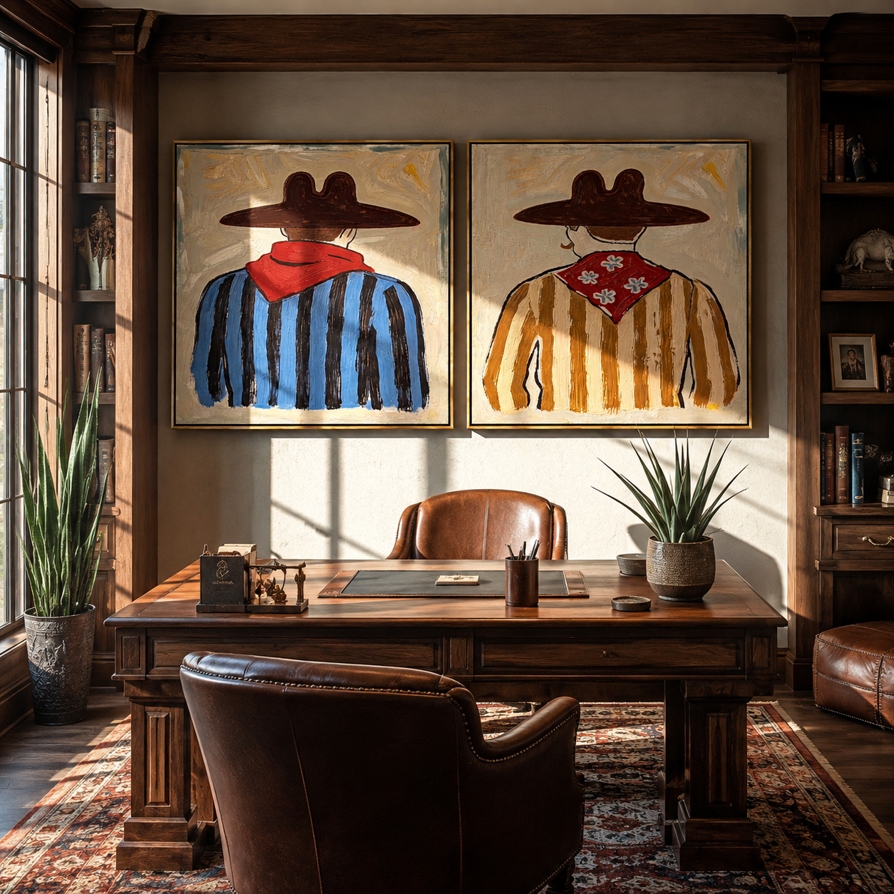 Red Scarves Face Away - back view cowboy portrait by Elliot Vale, modern figurative set of 2 wall art - styled room scene view 5