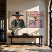 Two Outlines Change Color - outlined hat figure by Elliot Vale, modern figurative set of 2 wall art - styled room scene view 1