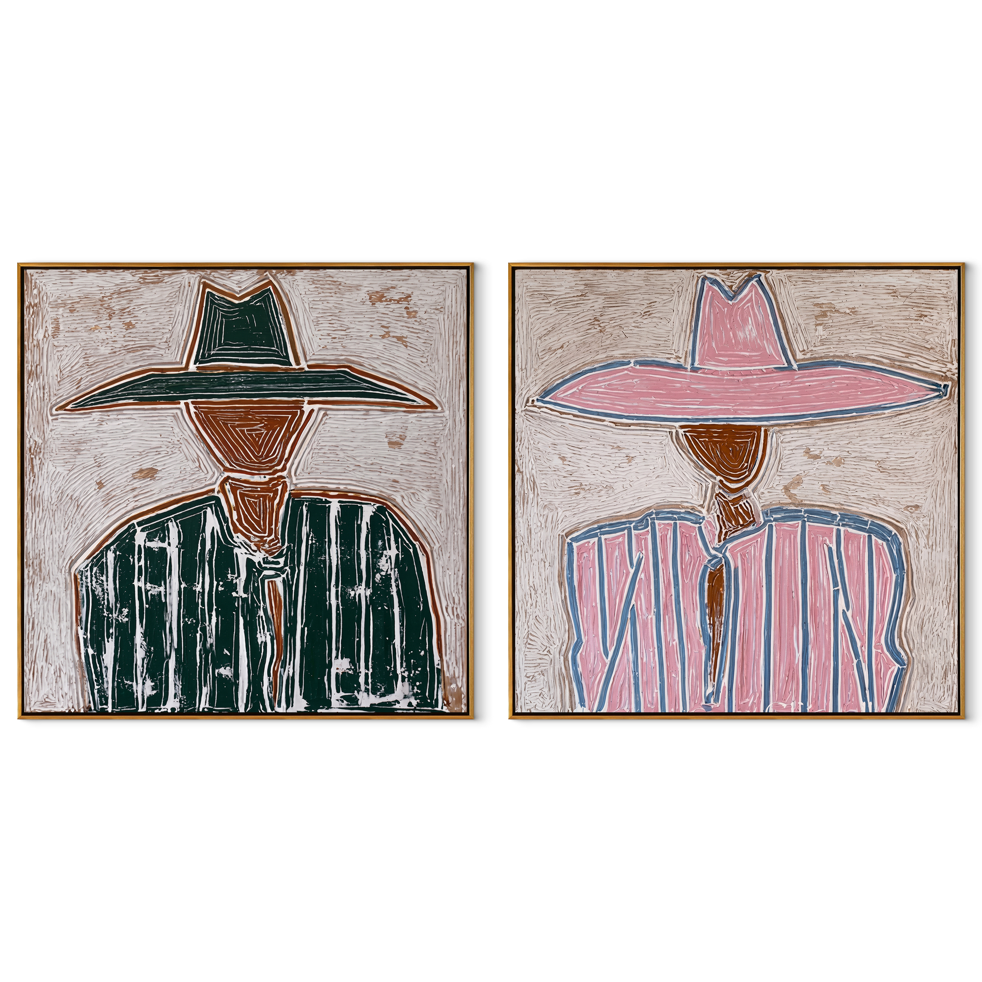 Two Outlines Change Color - outlined hat figure by Elliot Vale, modern figurative set of 2 wall art - complete two-panel artwork set on white background