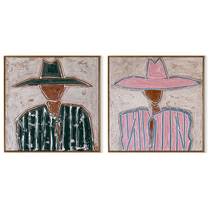 Two Outlines Change Color - outlined hat figure by Elliot Vale, modern figurative set of 2 wall art - complete two-panel artwork set on white background