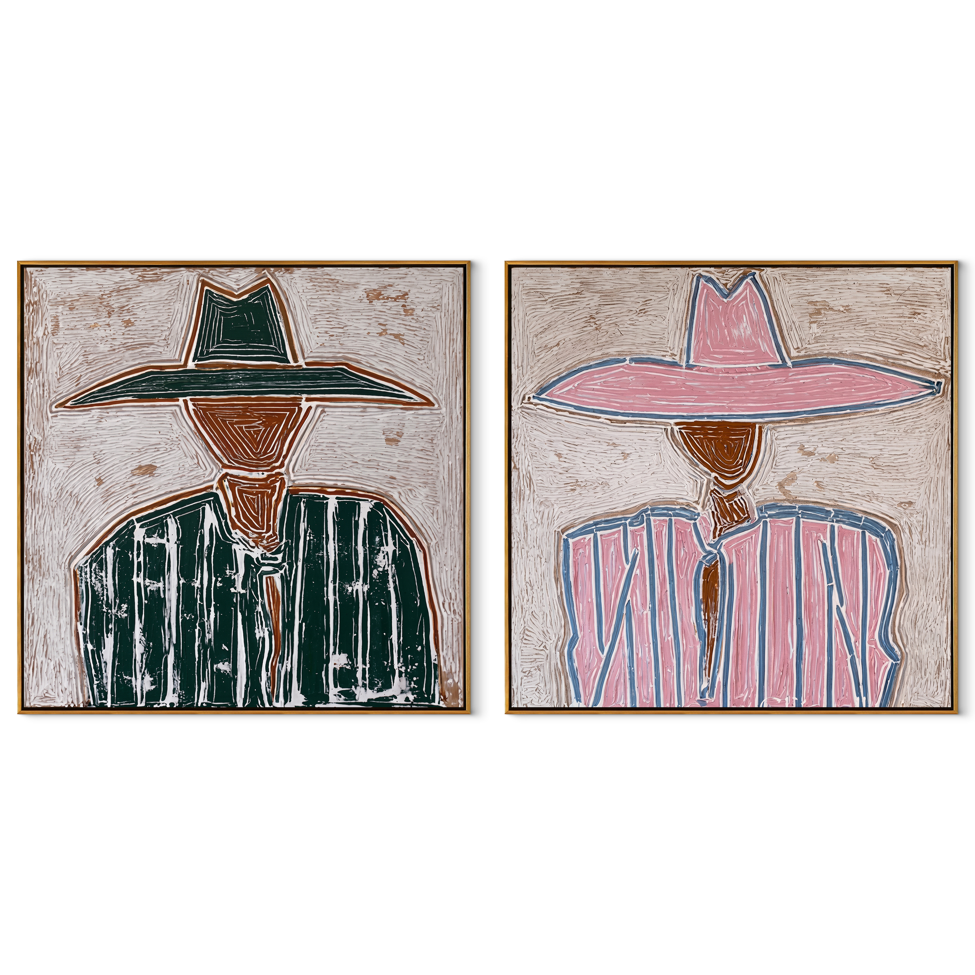 Two Outlines Change Color - outlined hat figure by Elliot Vale, modern figurative set of 2 wall art - complete two-panel artwork set on white background