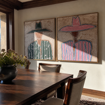 Two Outlines Change Color - outlined hat figure by Elliot Vale, modern figurative set of 2 wall art - styled room scene view 2