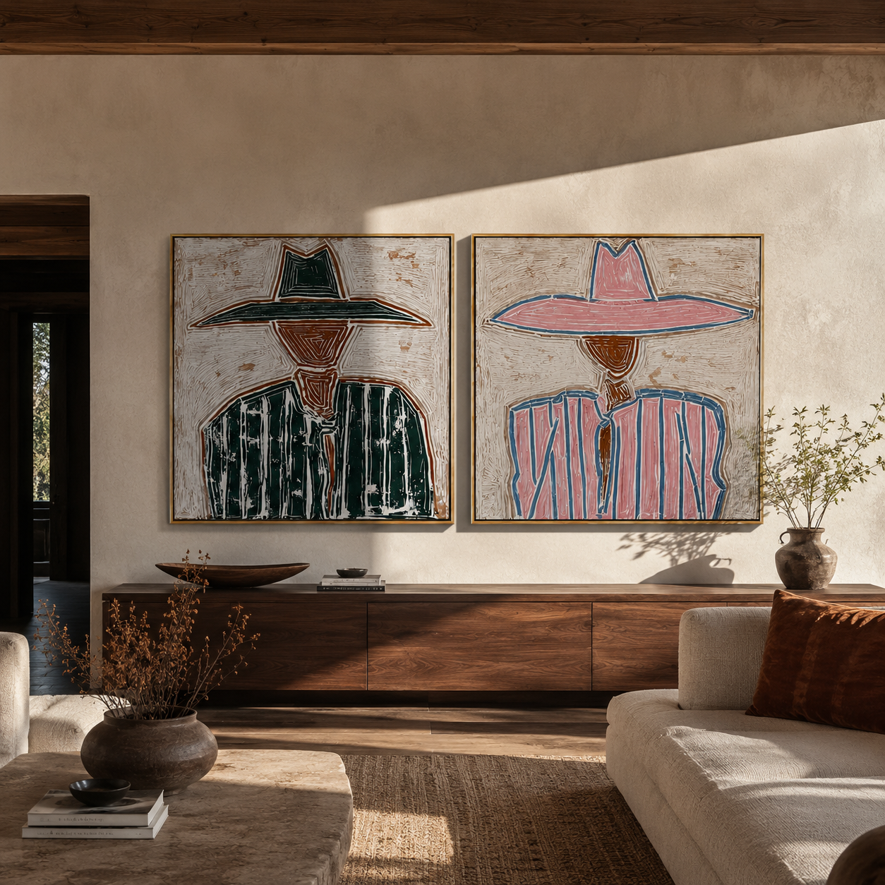 Two Outlines Change Color - outlined hat figure by Elliot Vale, modern figurative set of 2 wall art - styled room scene view 3