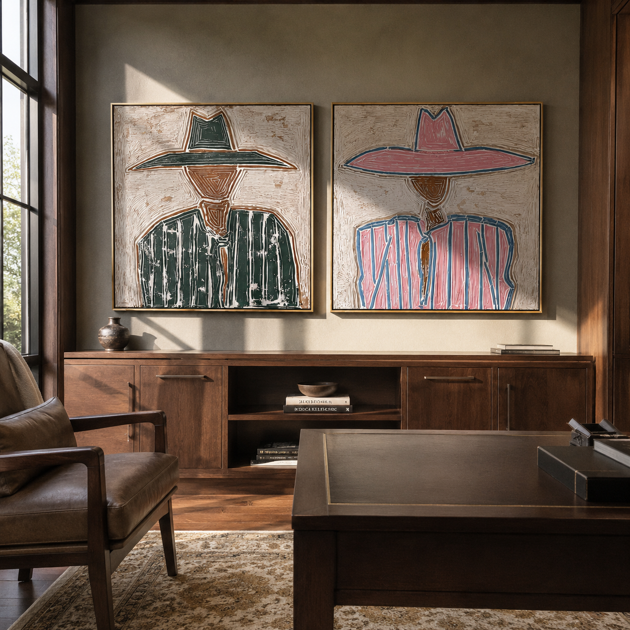 Two Outlines Change Color - outlined hat figure by Elliot Vale, modern figurative set of 2 wall art - styled room scene view 4