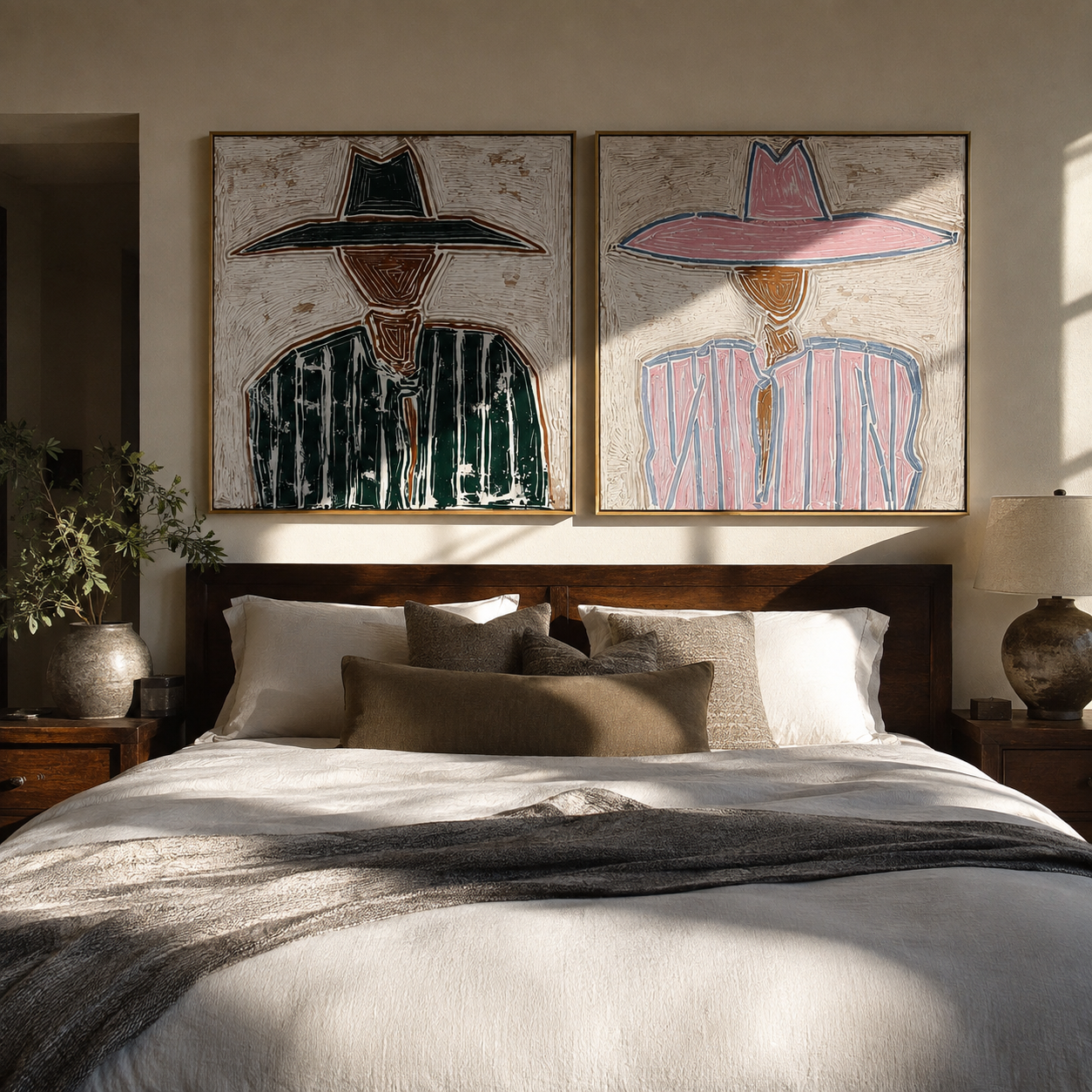 Two Outlines Change Color - outlined hat figure by Elliot Vale, modern figurative set of 2 wall art - styled room scene view 5