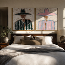 Two Outlines Change Color - outlined hat figure by Elliot Vale, modern figurative set of 2 wall art - styled room scene view 5