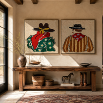 Bandanas Turn Toward Dusk - back view Western pair by Elliot Vale, modern figurative set of 2 wall art - styled room scene view 1