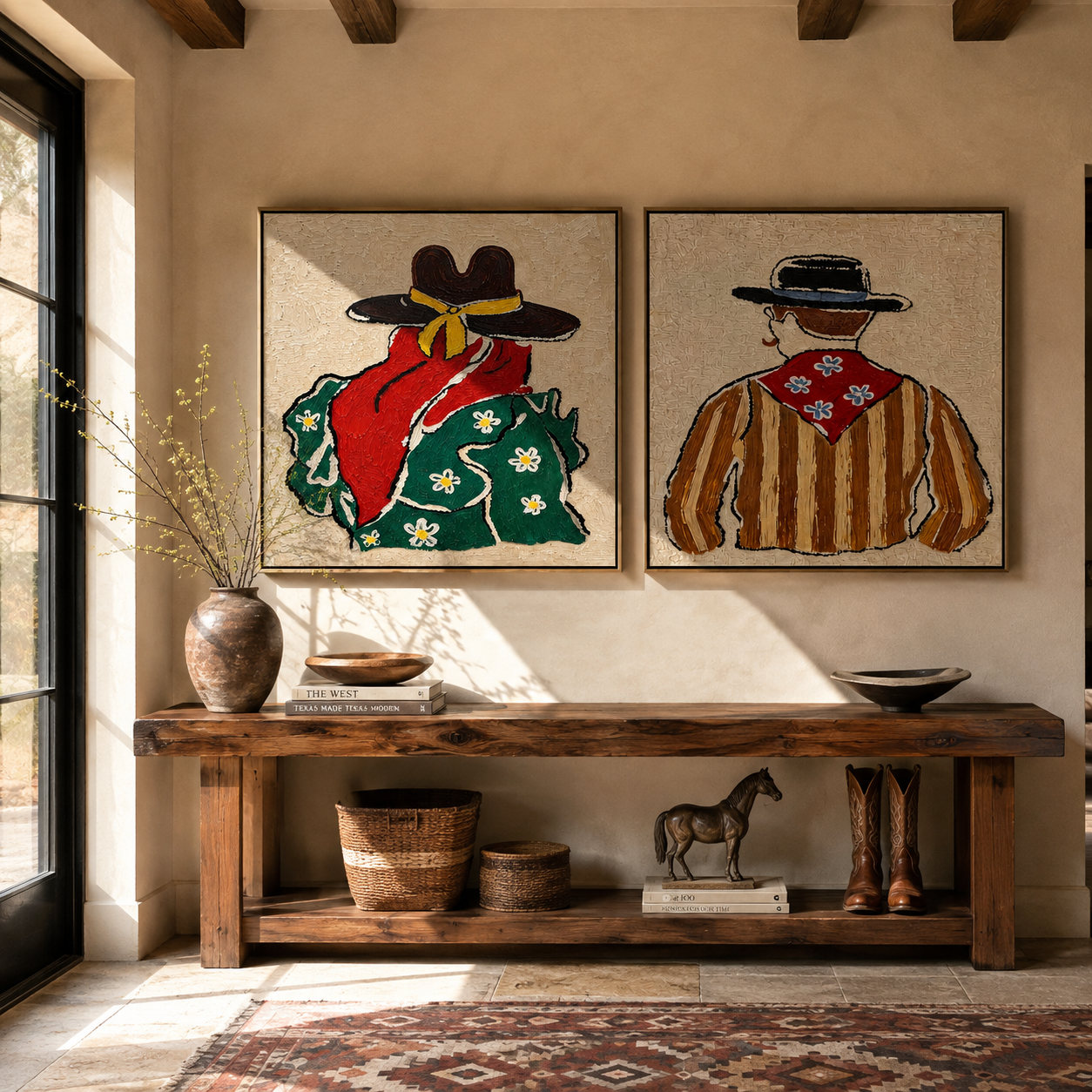 Bandanas Turn Toward Dusk - back view Western pair by Elliot Vale, modern figurative set of 2 wall art - styled room scene view 1