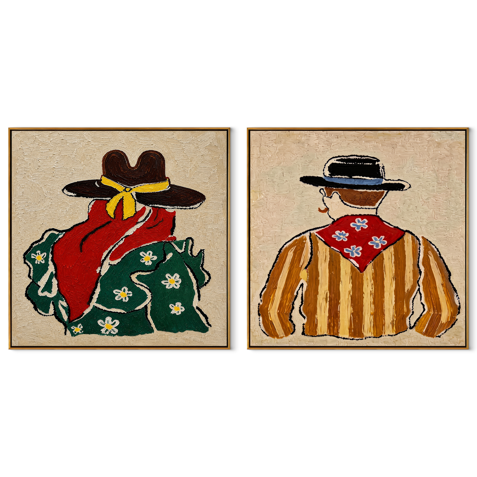 Bandanas Turn Toward Dusk - back view Western pair by Elliot Vale, modern figurative set of 2 wall art - complete two-panel artwork set on white background