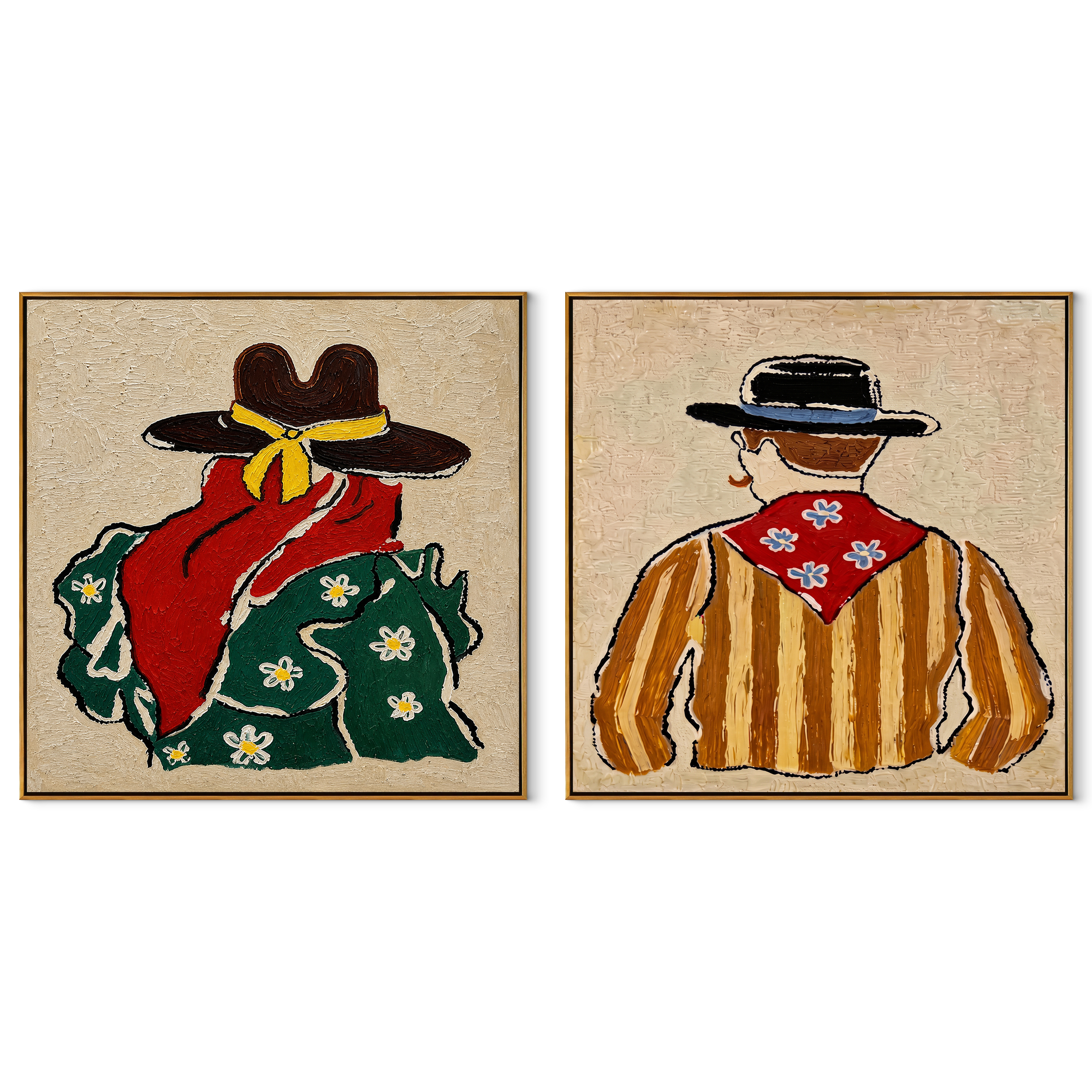 Bandanas Turn Toward Dusk - back view Western pair by Elliot Vale, modern figurative set of 2 wall art - complete two-panel artwork set on white background
