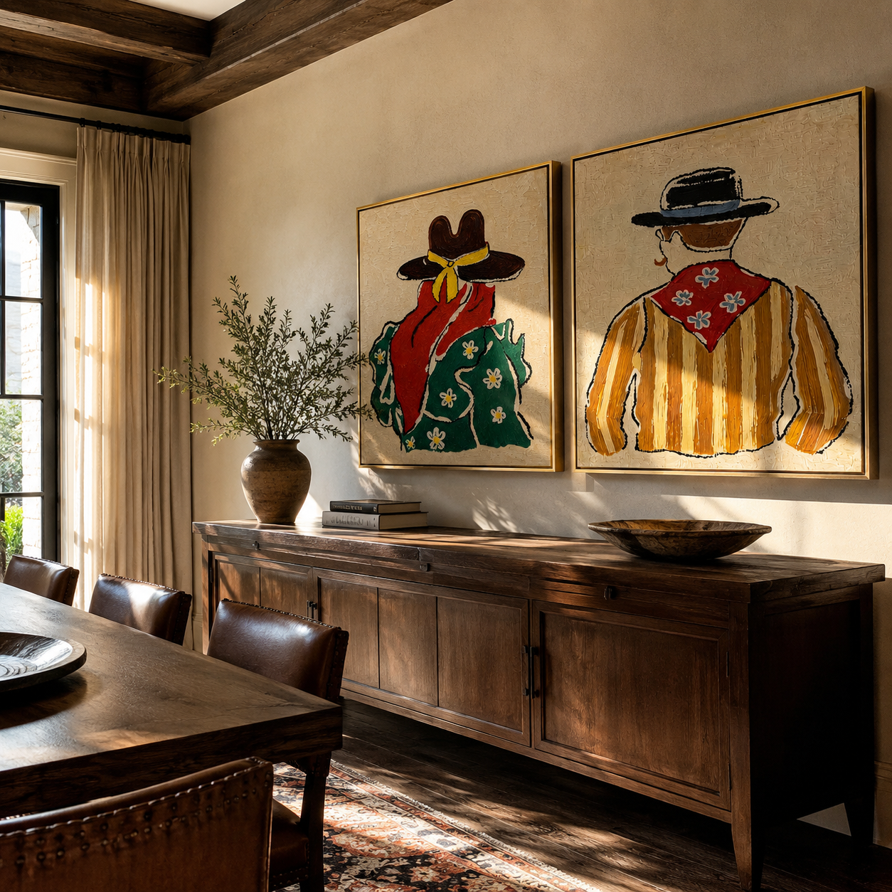 Bandanas Turn Toward Dusk - back view Western pair by Elliot Vale, modern figurative set of 2 wall art - styled room scene view 2