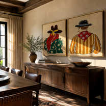 Bandanas Turn Toward Dusk - back view Western pair by Elliot Vale, modern figurative set of 2 wall art - styled room scene view 2