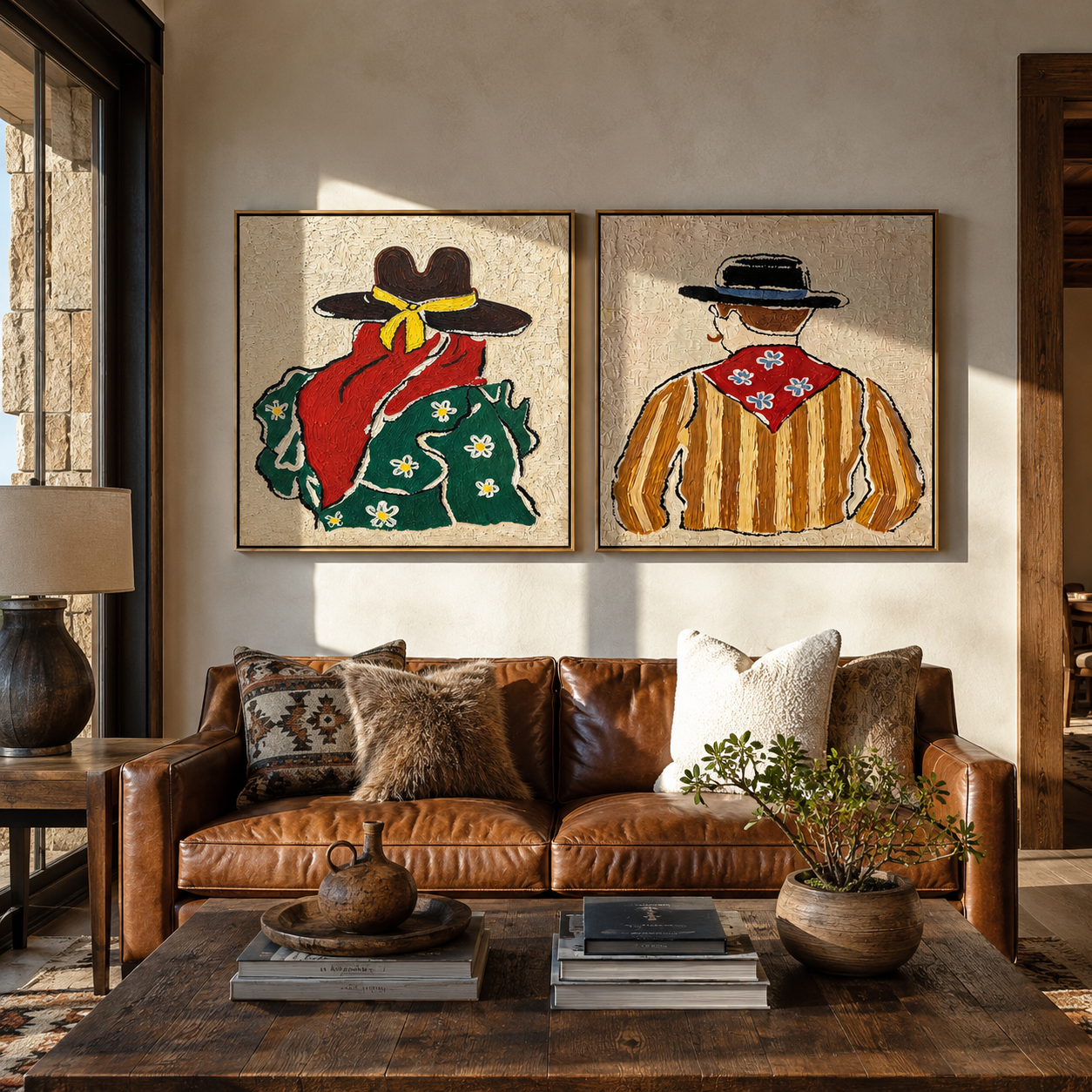 Bandanas Turn Toward Dusk - back view Western pair by Elliot Vale, modern figurative set of 2 wall art - styled room scene view 3
