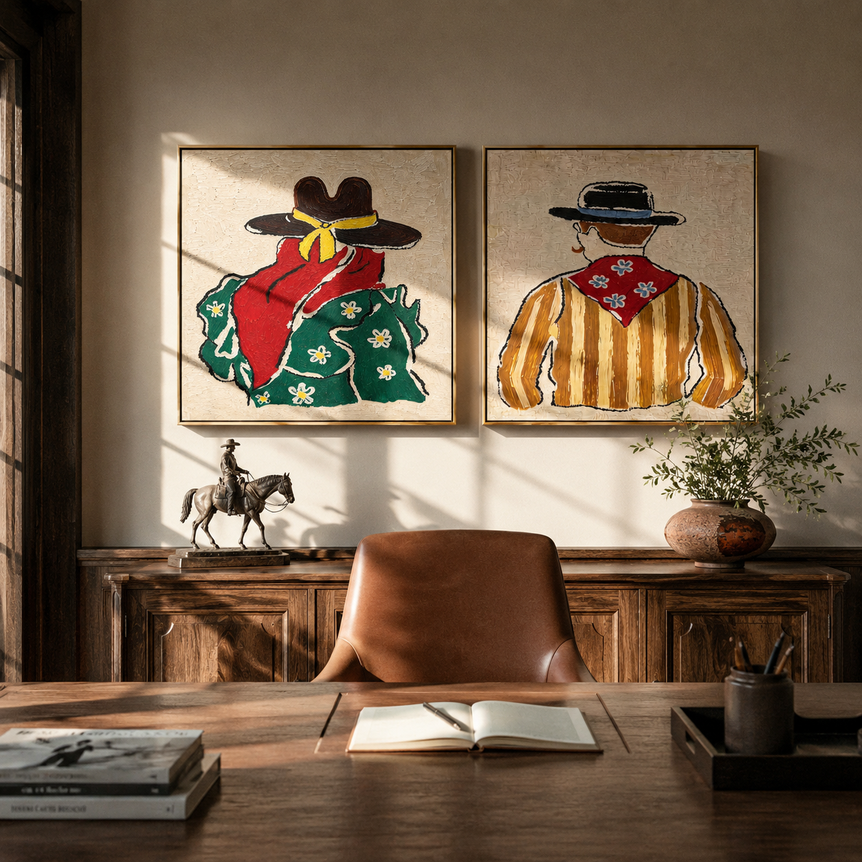Bandanas Turn Toward Dusk - back view Western pair by Elliot Vale, modern figurative set of 2 wall art - styled room scene view 4