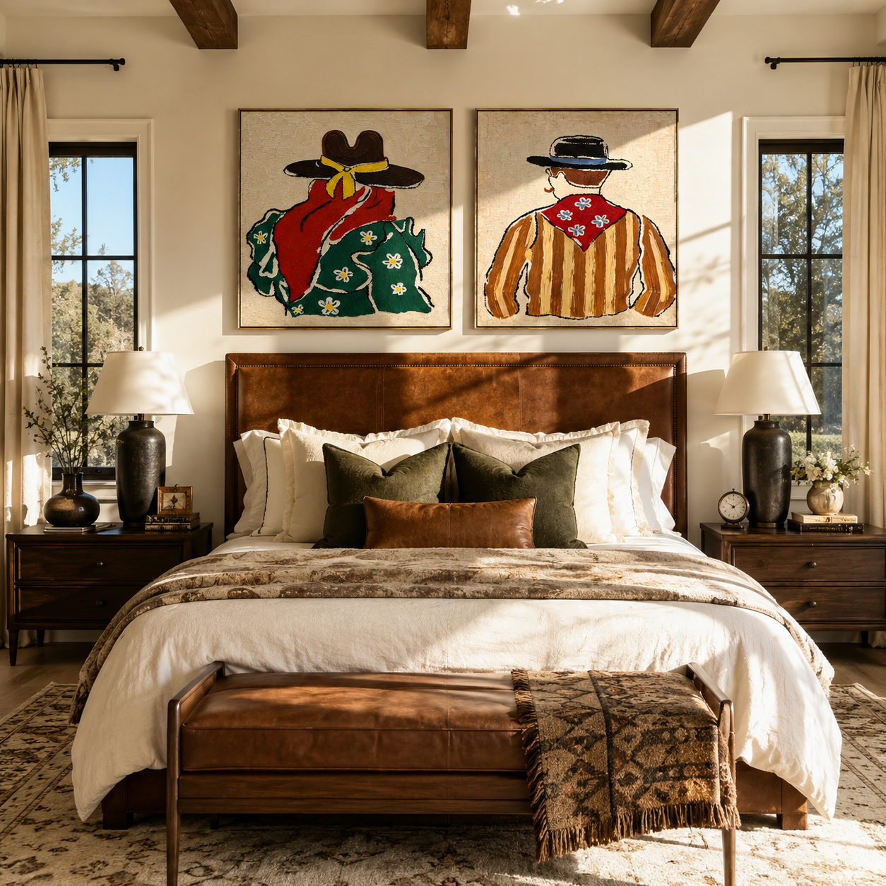 Bandanas Turn Toward Dusk - back view Western pair by Elliot Vale, modern figurative set of 2 wall art - styled room scene view 5