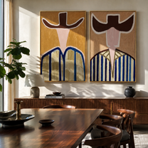 Open Brims Split Blue - abstract striped figure by Elliot Vale, modern figurative set of 2 wall art - styled room scene view 1
