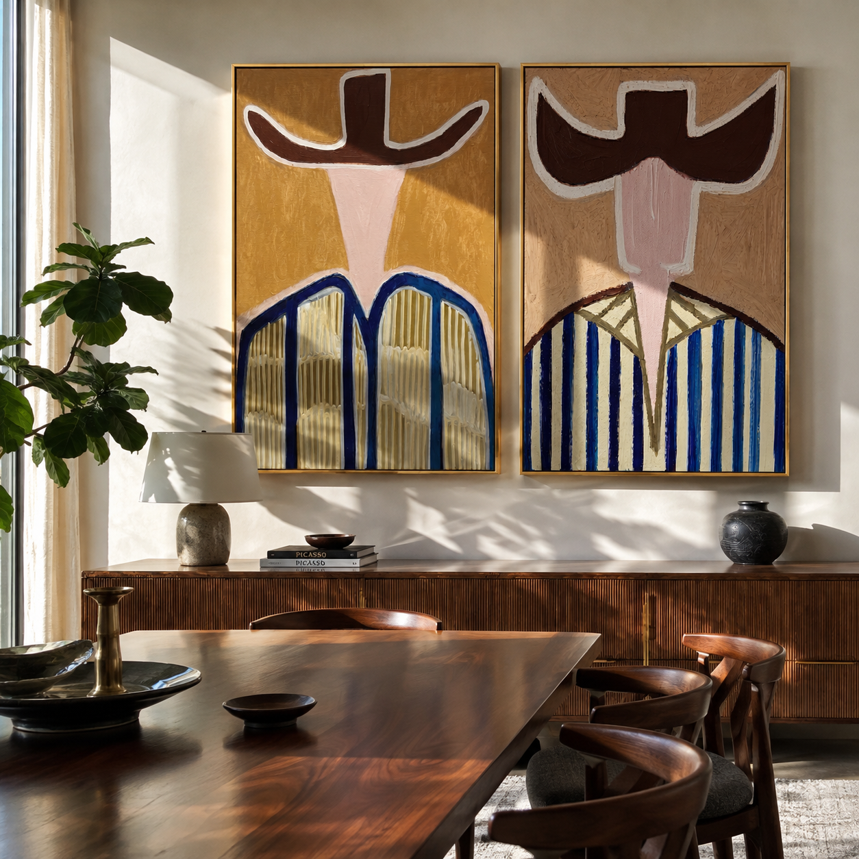 Open Brims Split Blue - abstract striped figure by Elliot Vale, modern figurative set of 2 wall art - styled room scene view 1
