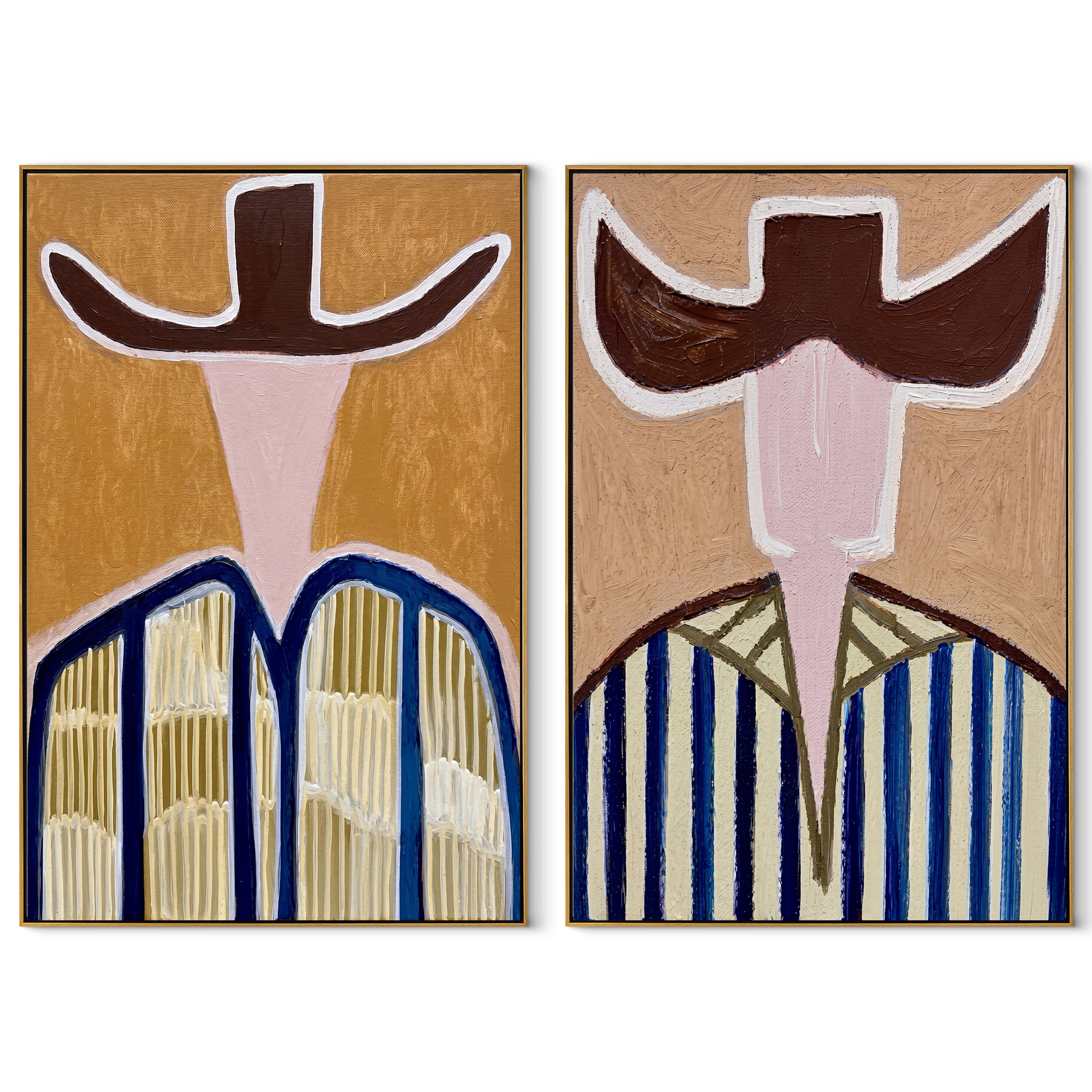 Open Brims Split Blue - abstract striped figure by Elliot Vale, modern figurative set of 2 wall art - complete two-panel artwork set on white background