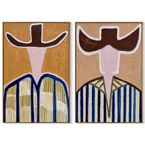 Open Brims Split Blue - abstract striped figure by Elliot Vale, modern figurative set of 2 wall art - complete two-panel artwork set on white background
