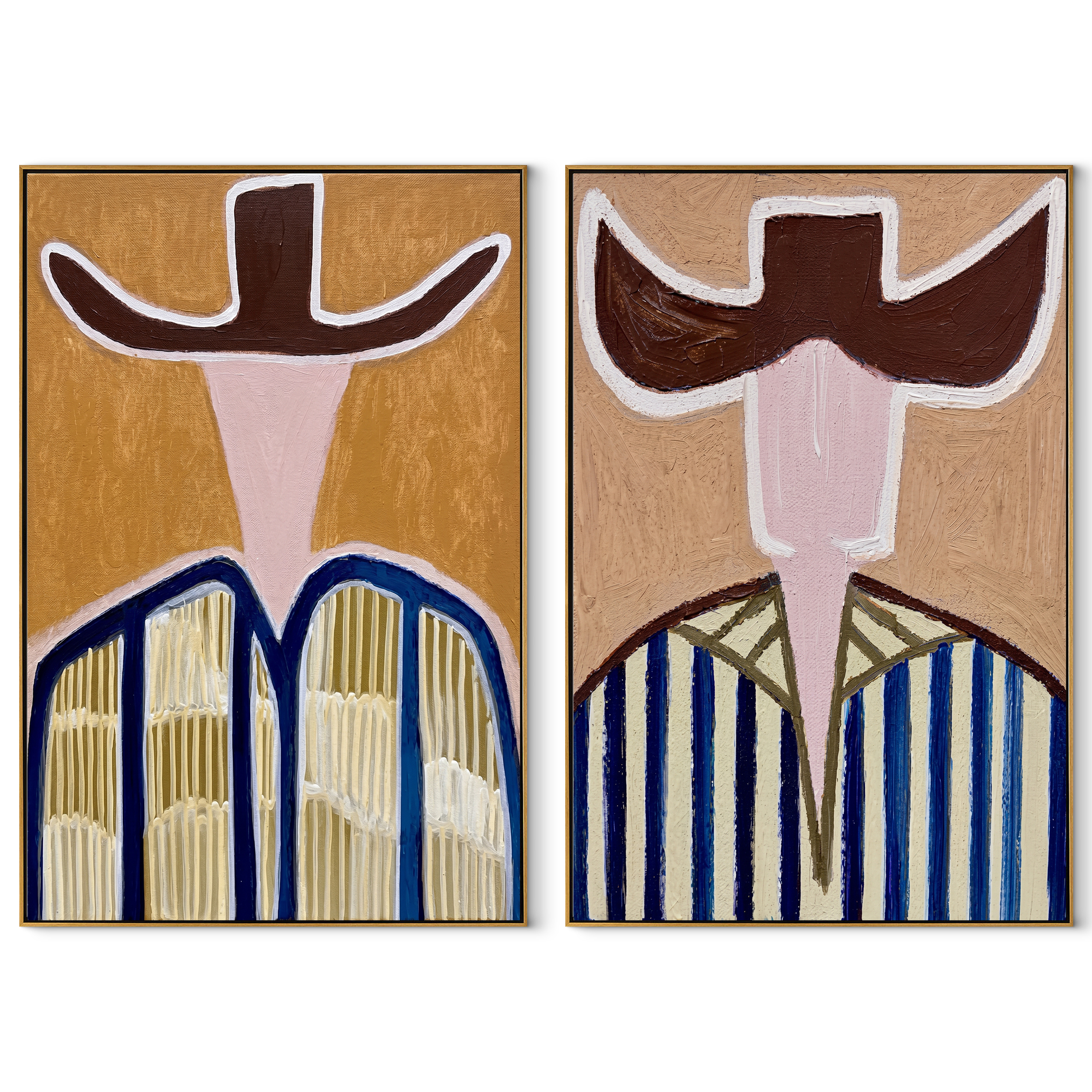 Open Brims Split Blue - abstract striped figure by Elliot Vale, modern figurative set of 2 wall art - complete two-panel artwork set on white background