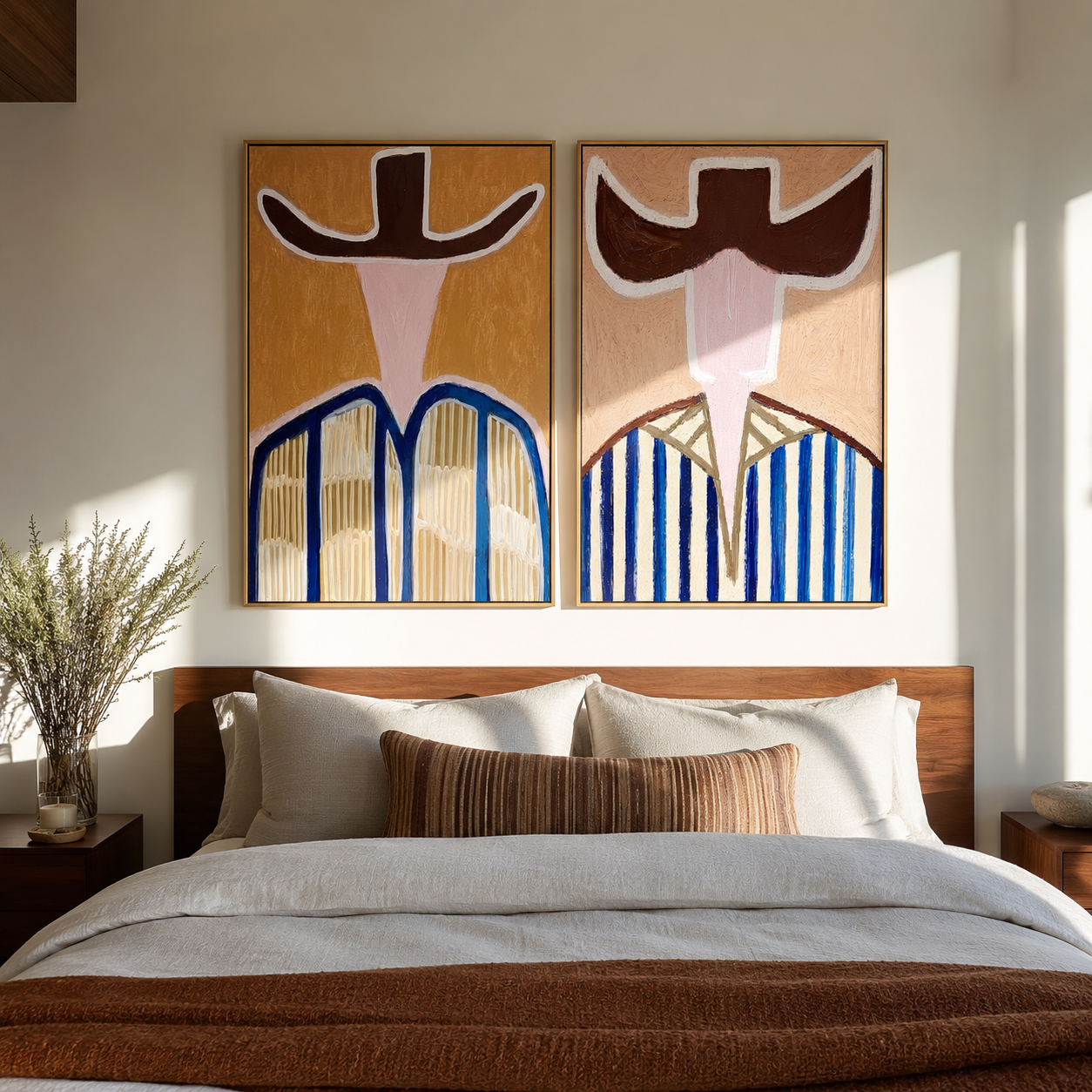 Open Brims Split Blue - abstract striped figure by Elliot Vale, modern figurative set of 2 wall art - styled room scene view 2