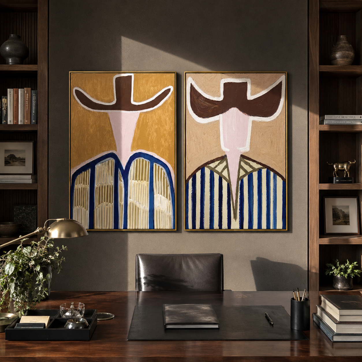 Open Brims Split Blue - abstract striped figure by Elliot Vale, modern figurative set of 2 wall art - styled room scene view 3