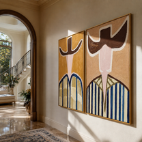 Open Brims Split Blue - abstract striped figure by Elliot Vale, modern figurative set of 2 wall art - styled room scene view 4