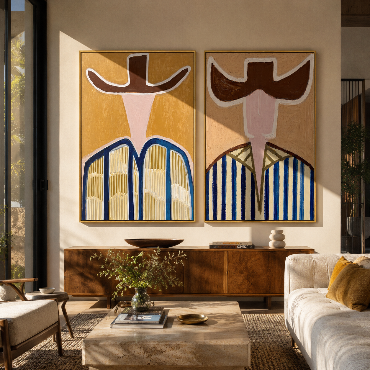 Open Brims Split Blue - abstract striped figure by Elliot Vale, modern figurative set of 2 wall art - styled room scene view 5