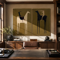 Black Horses Carry Stillness - rider horse silhouette by Elliot Vale, modern figurative set of 2 wall art - styled room scene view 1
