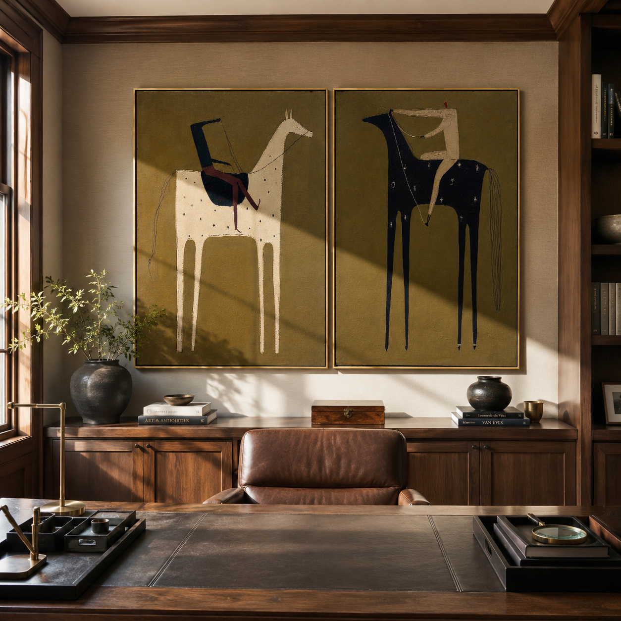 Black Horses Carry Stillness - rider horse silhouette by Elliot Vale, modern figurative set of 2 wall art - styled room scene view 1