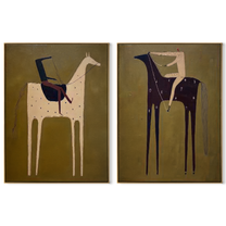 Black Horses Carry Stillness - rider horse silhouette by Elliot Vale, modern figurative set of 2 wall art - complete two-panel artwork set on white background