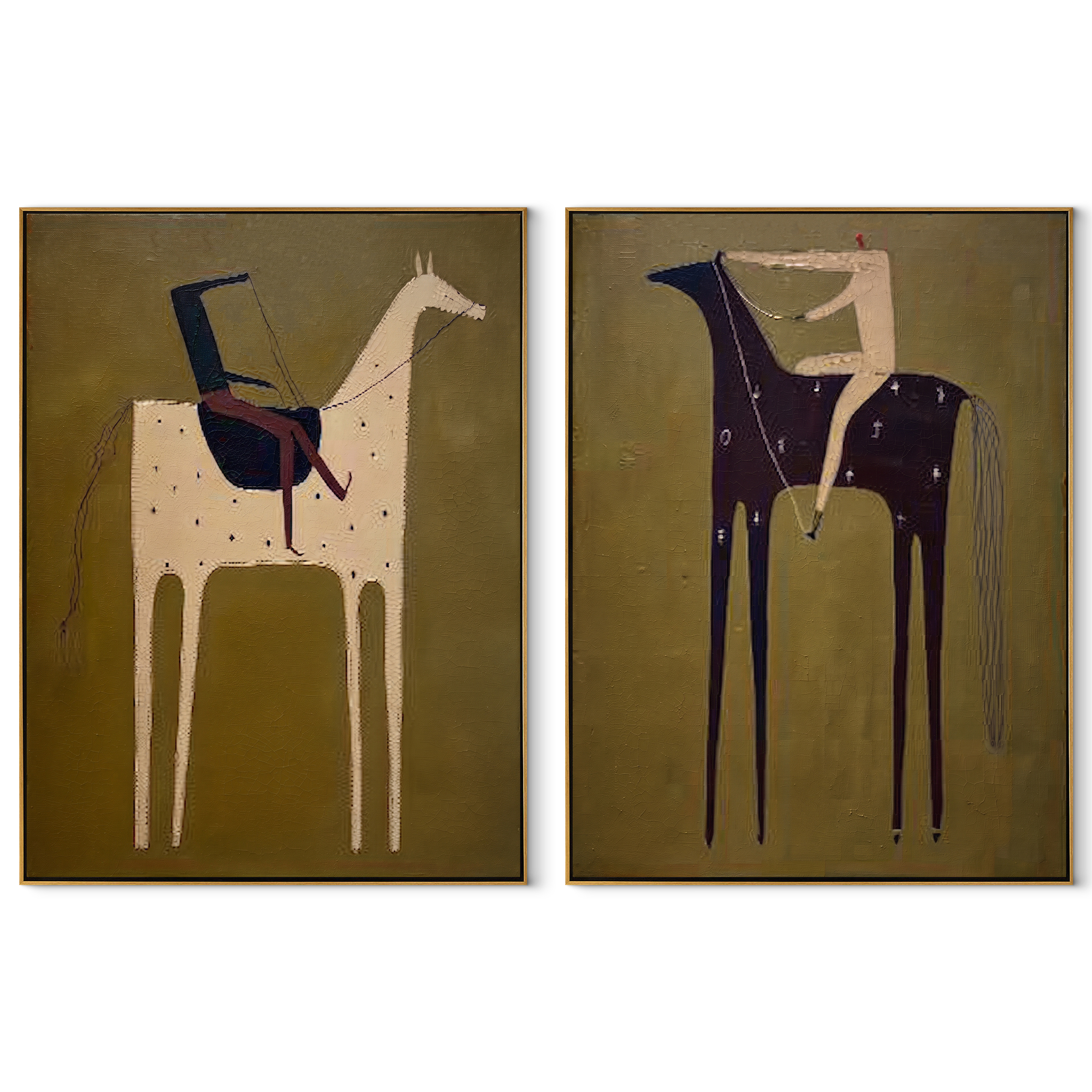 Black Horses Carry Stillness - rider horse silhouette by Elliot Vale, modern figurative set of 2 wall art - complete two-panel artwork set on white background