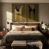 Black Horses Carry Stillness - rider horse silhouette by Elliot Vale, modern figurative set of 2 wall art - styled room scene view 2
