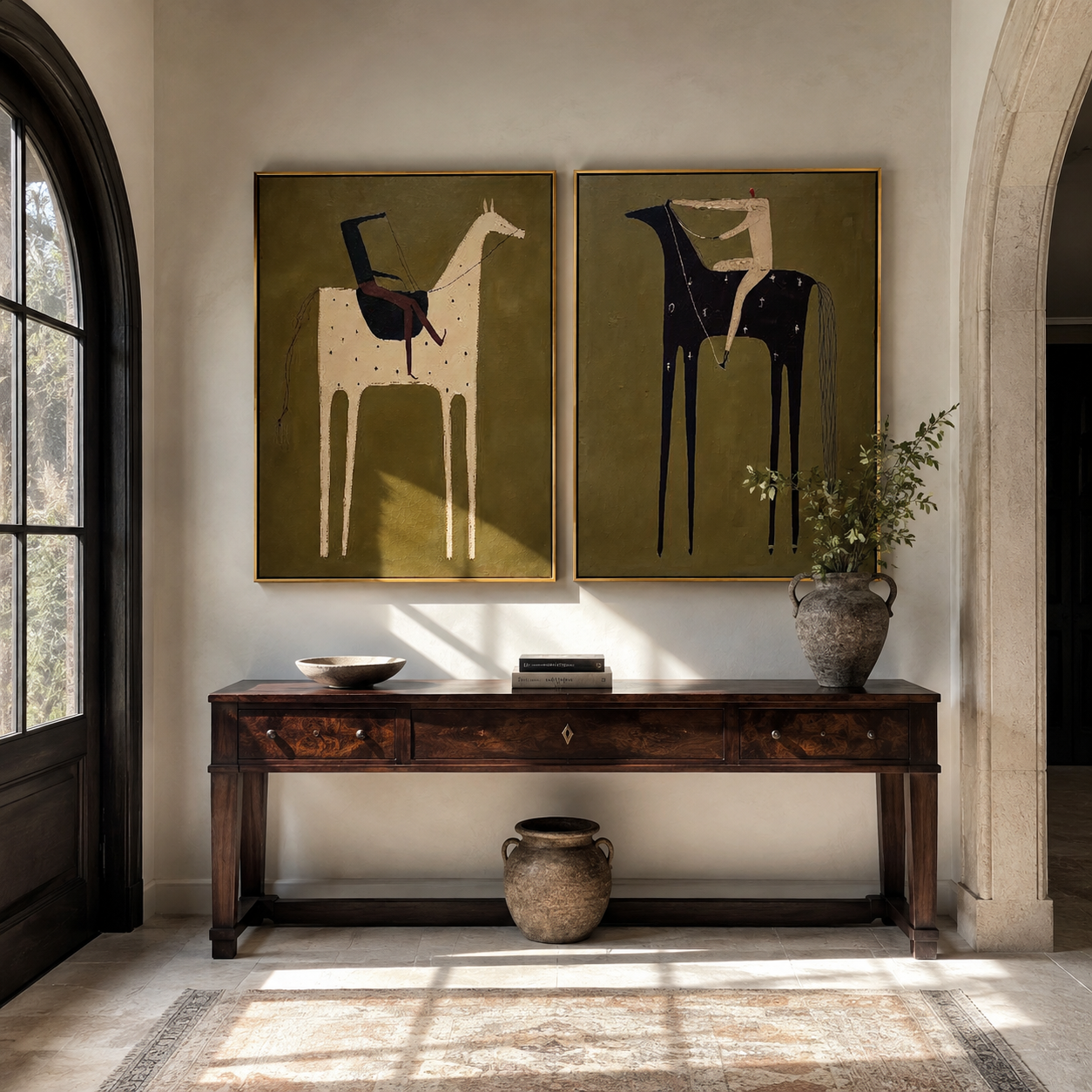 Black Horses Carry Stillness - rider horse silhouette by Elliot Vale, modern figurative set of 2 wall art - styled room scene view 3