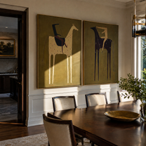 Black Horses Carry Stillness - rider horse silhouette by Elliot Vale, modern figurative set of 2 wall art - styled room scene view 4