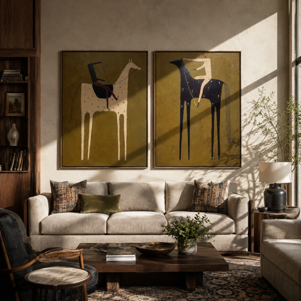 Black Horses Carry Stillness - rider horse silhouette by Elliot Vale, modern figurative set of 2 wall art - styled room scene view 5