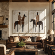 Riders Cross Chalk Ground - horseback rider portrait by Elliot Vale, modern figurative set of 2 wall art - styled room scene view 1
