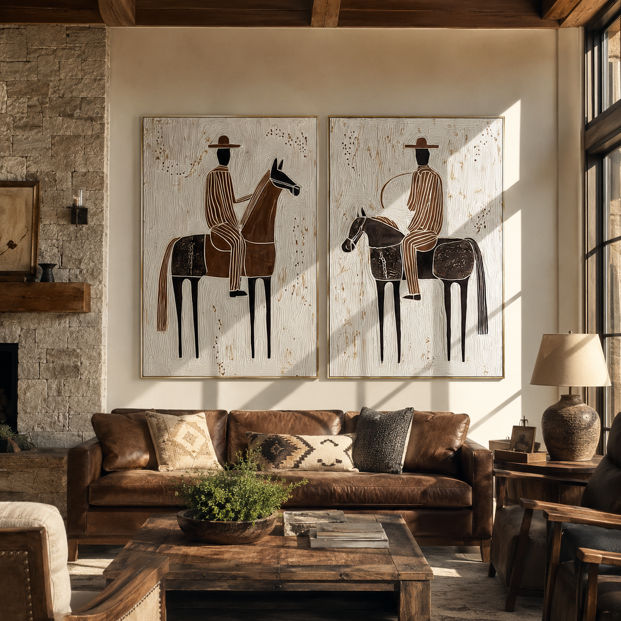 Riders Cross Chalk Ground - horseback rider portrait by Elliot Vale, modern figurative set of 2 wall art - styled room scene view 1
