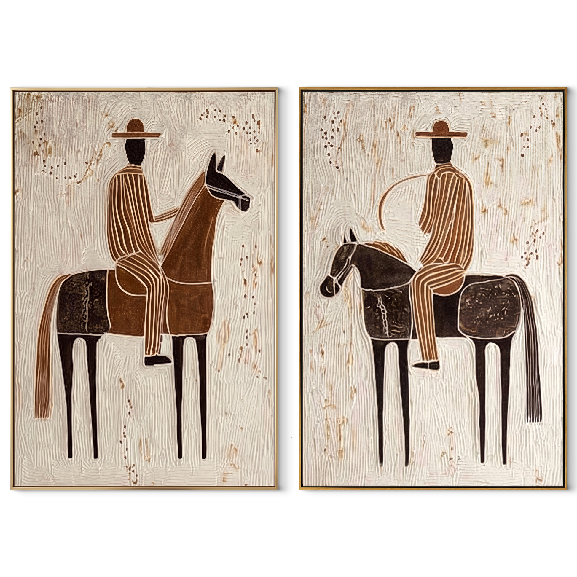 Riders Cross Chalk Ground - horseback rider portrait by Elliot Vale, modern figurative set of 2 wall art - complete two-panel artwork set on white background