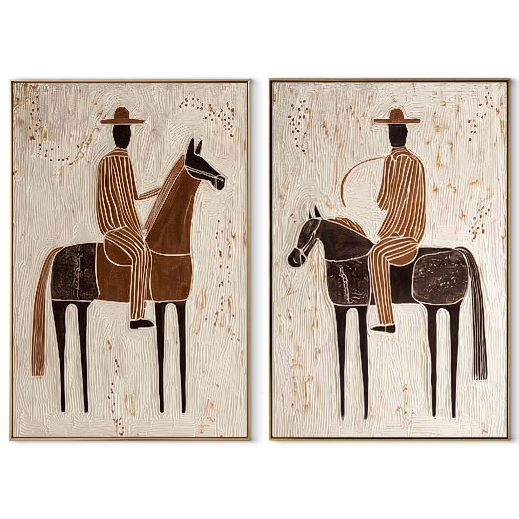 Riders Cross Chalk Ground - horseback rider portrait by Elliot Vale, modern figurative set of 2 wall art - complete two-panel artwork set on white background