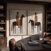Riders Cross Chalk Ground - horseback rider portrait by Elliot Vale, modern figurative set of 2 wall art - styled room scene view 2