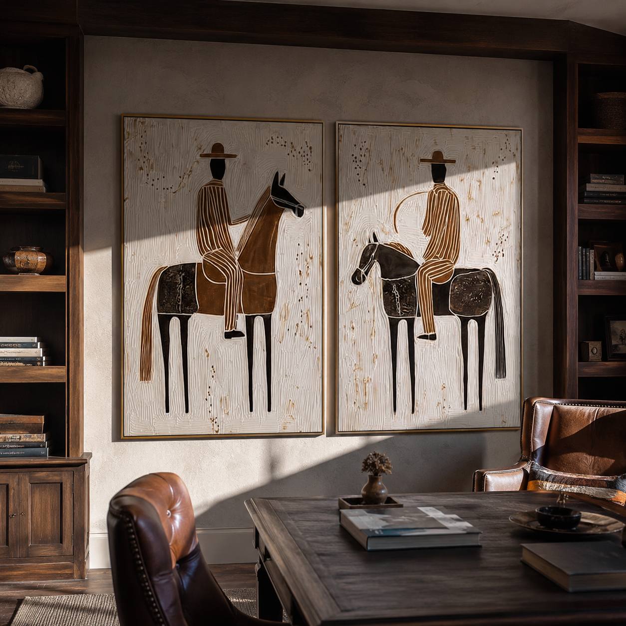 Riders Cross Chalk Ground - horseback rider portrait by Elliot Vale, modern figurative set of 2 wall art - styled room scene view 2