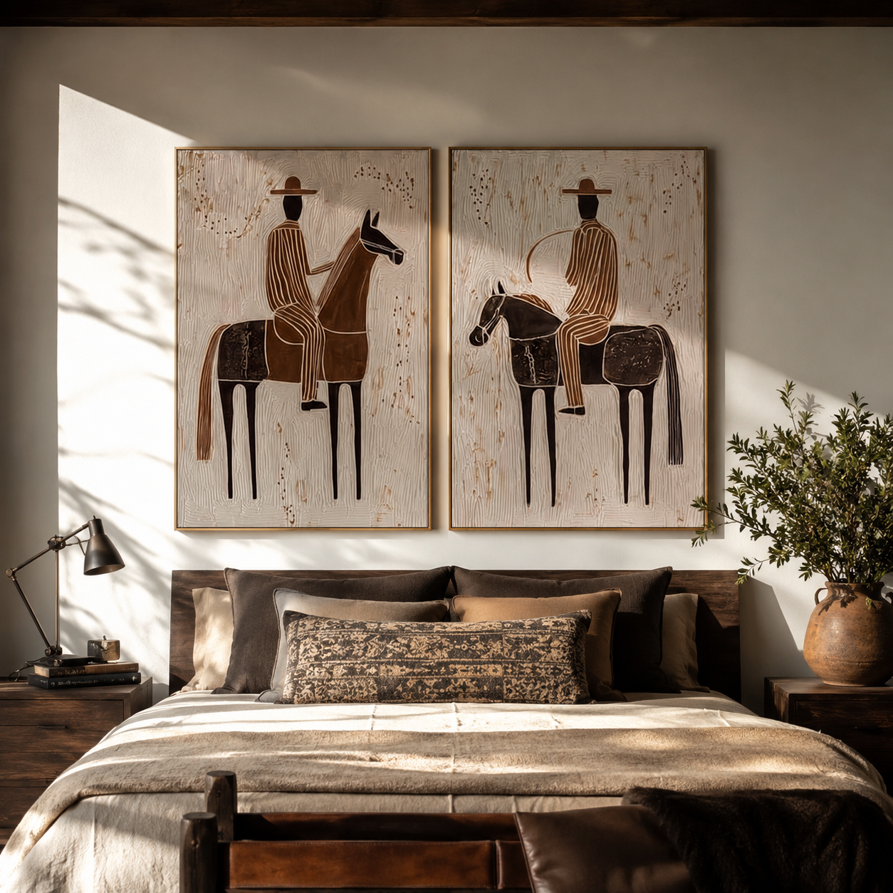 Riders Cross Chalk Ground - horseback rider portrait by Elliot Vale, modern figurative set of 2 wall art - styled room scene view 3