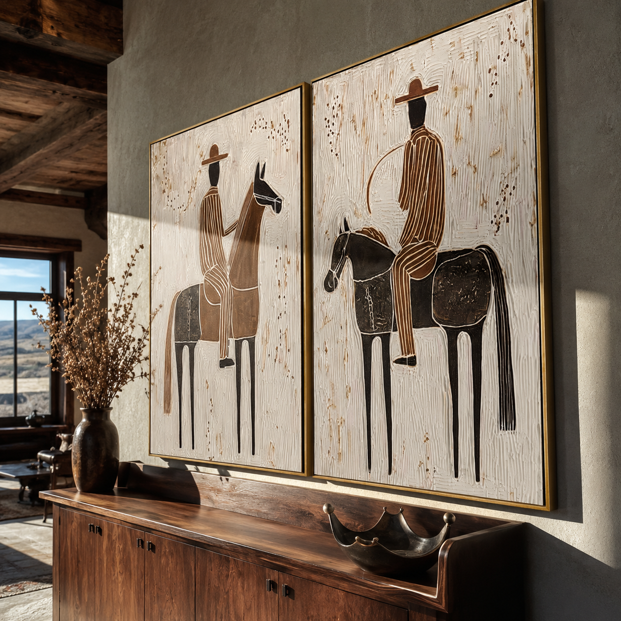 Riders Cross Chalk Ground - horseback rider portrait by Elliot Vale, modern figurative set of 2 wall art - styled room scene view 5