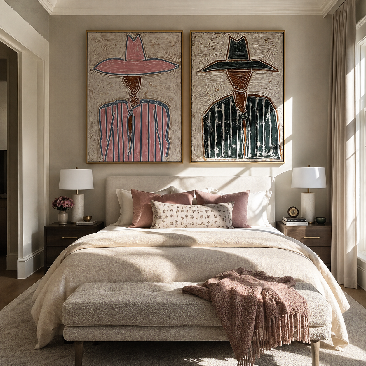 Pink Lines Meet Green - outlined cowgirl portrait by Elliot Vale, modern figurative set of 2 wall art - styled room scene view 1
