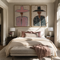 Pink Lines Meet Green - outlined cowgirl portrait by Elliot Vale, modern figurative set of 2 wall art - styled room scene view 1