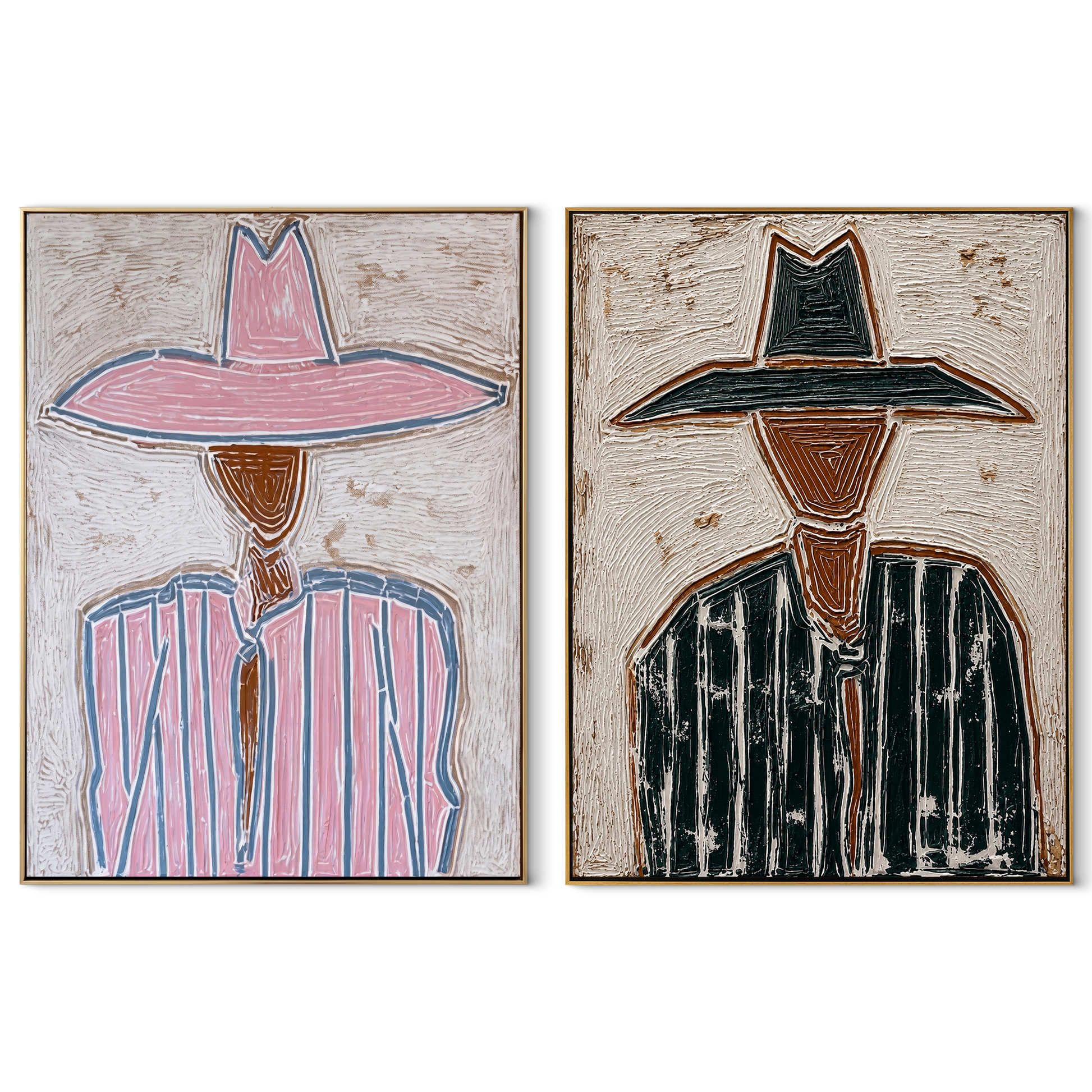 Pink Lines Meet Green - outlined cowgirl portrait by Elliot Vale, modern figurative set of 2 wall art - complete two-panel artwork set on white background