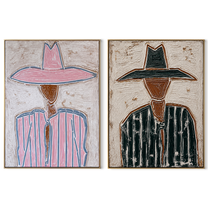 Pink Lines Meet Green - outlined cowgirl portrait by Elliot Vale, modern figurative set of 2 wall art - complete two-panel artwork set on white background